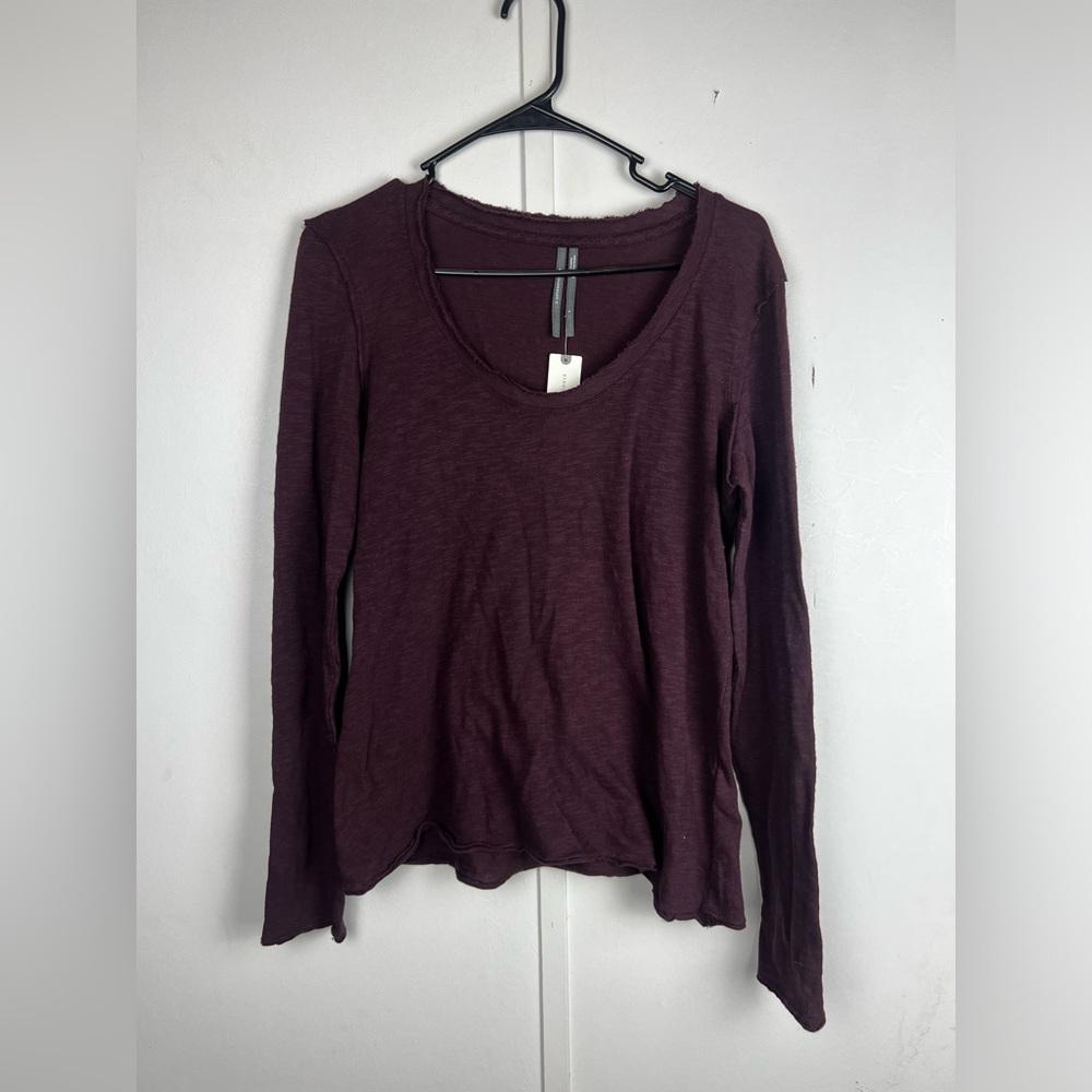 Anthropologie Bordeaux Wine Long Sleeve Scoop Neck Top Raw Edge